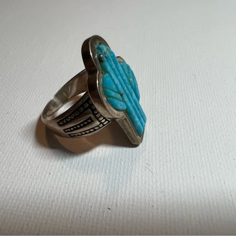Native American made Turquoise Carved Cactus Ring. Size 9